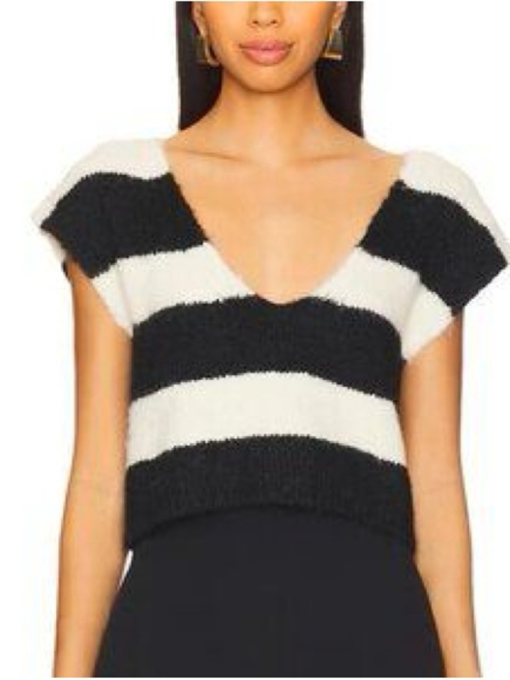 NWT For Love & Lemons Black and White Striped Fuzzy V-Neck Cropped Sweater